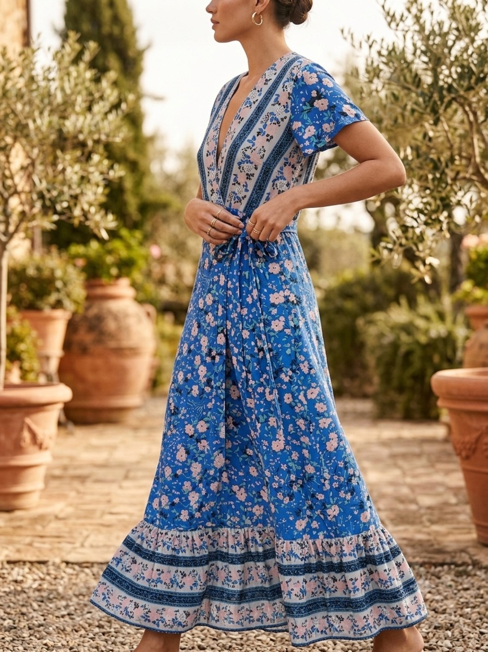 Boho Blue Floral Wrap Maxi Dress - Size Small